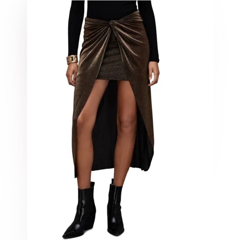 New. AllSaints Sami Metallic Midi Skirt in Gold Size 8 Medium